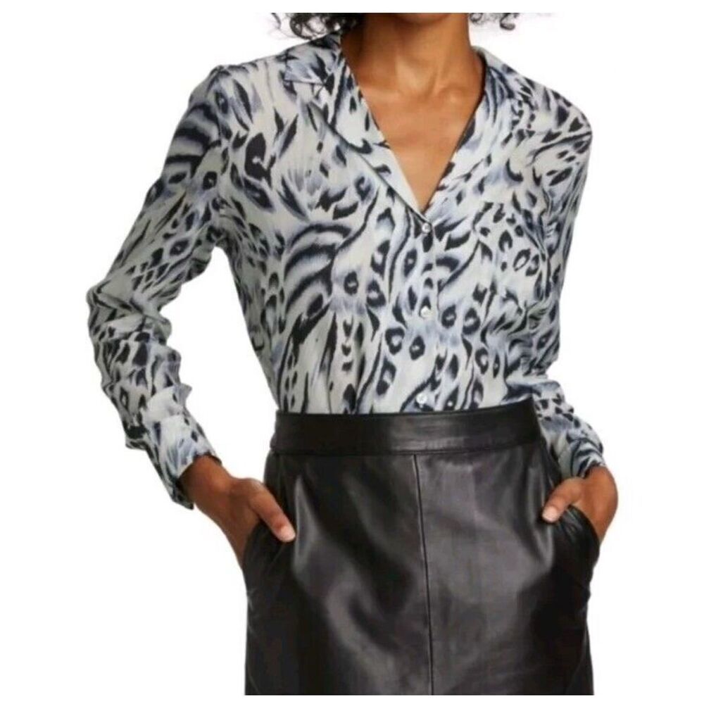 Rails Rebel Ivory Snow Leopard Blouse Size Medium M Secretary Animal Print Blue